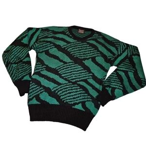 Vtg 90s 80s New Era Retro Sweater Black Green Geometric Men Womens Large Acrylic